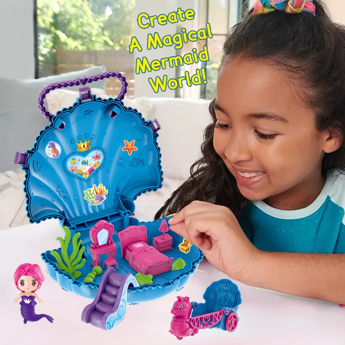 Magical Mermaid Shell Set for Girls with Doll & Seahorse Carriage
