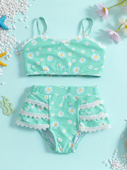 Girls Daisy Cami Top & Lace Trim Shorts Bikini Set