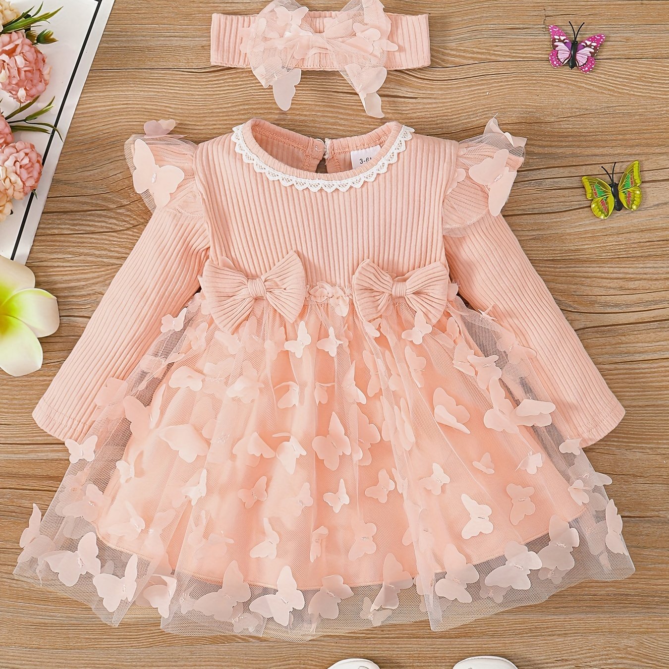2pcs Baby Girls Butterfly Long Sleeve Dress & Headband Set
