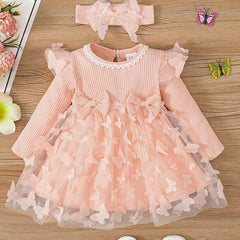 2pcs Baby Girls Butterfly Long Sleeve Dress & Headband Set