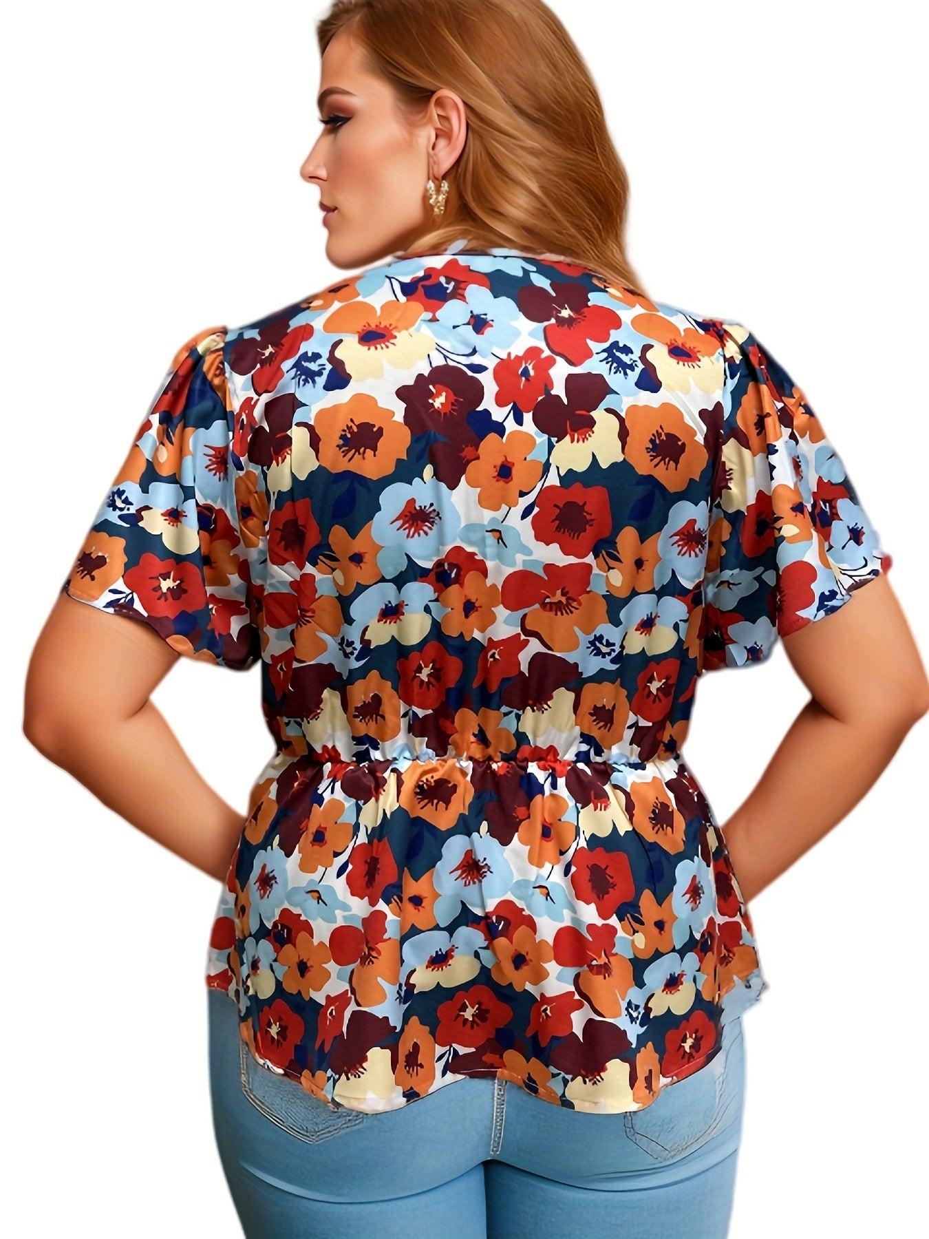 Plus Floral Print Ruffle Sleeve Blouse