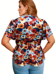 Plus Floral Print Ruffle Sleeve Blouse