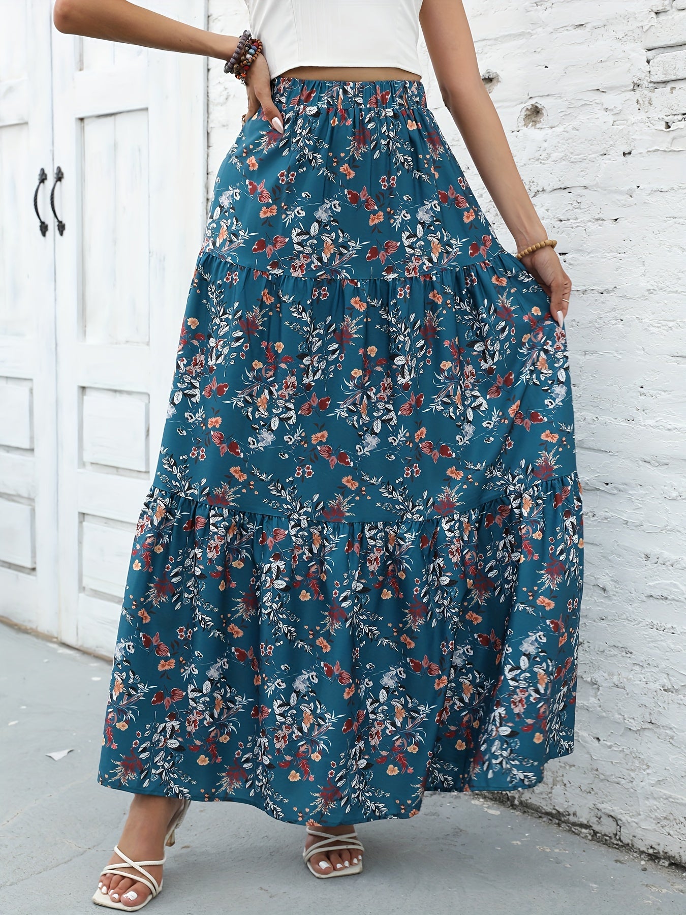 Floral Print Tiered Maxi Skirt High Waist Women's Clothing