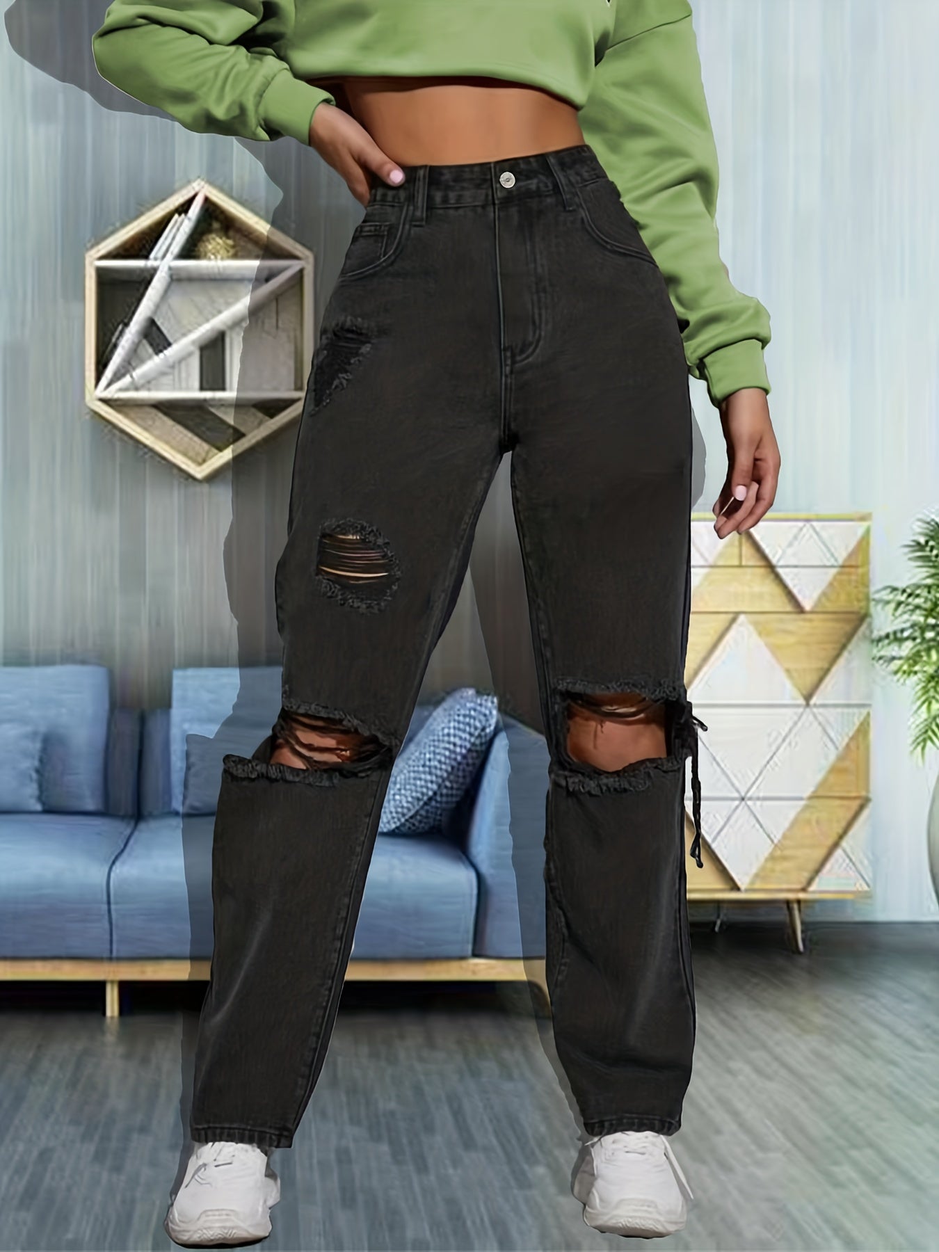 Ripped Knee Cut High Rise Loose Denim Jeans