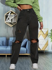 Ripped Knee Cut High Rise Loose Denim Jeans