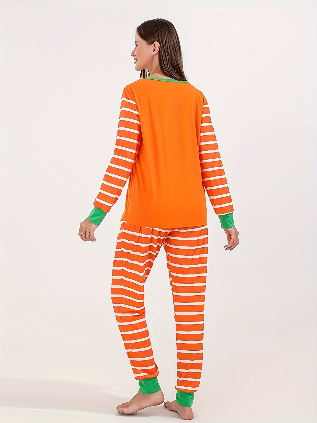 Pumpkin Print Halloween Pajama Set Long Sleeve Crew Neck Top & Striped Pants