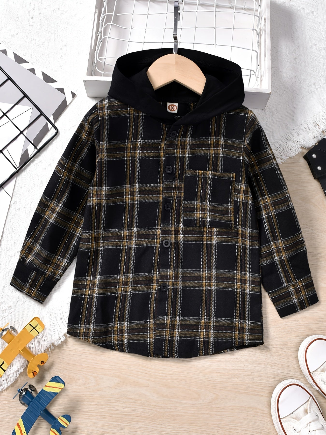 Boys Hooded Checked Shirt Kids Clothes