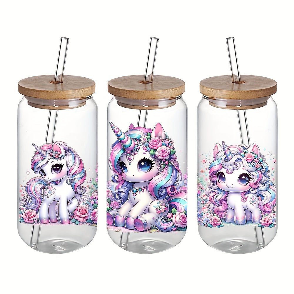 4 Watercolor Unicorn UV DTF Stickers 16oz Glass Cup Decals