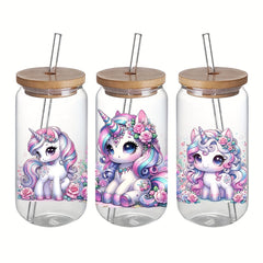 4 Watercolor Unicorn UV DTF Stickers 16oz Glass Cup Decals