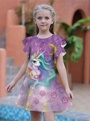 3D Unicorn Graphic Dress Girls Short Sleeve Party Gift Summer