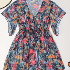 Floral Print V Neck Cover Ups Plus Size