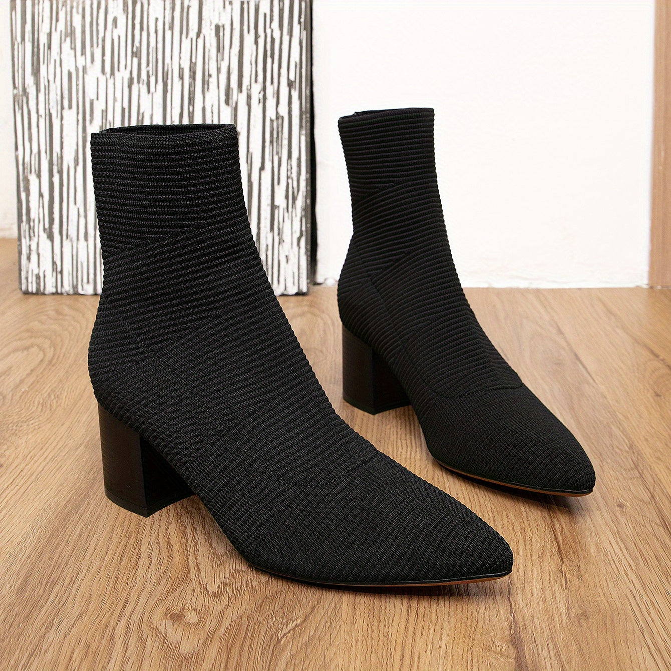 Women's Chunky Heeled Knit Short Boots Casual Ankle Boots Comfortable Solid