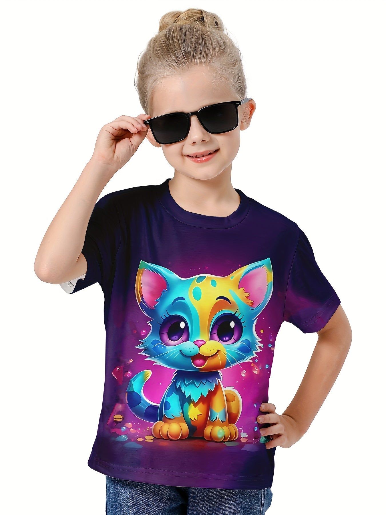 Kids 3D Cat Graphic Short Sleeve T-Shirt Breathable Summer Tops