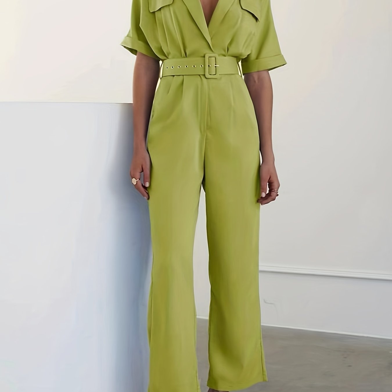 Wide Leg Belted Jumpsuit Notched Collar Short Sleeve Jumpsuit