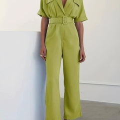 Wide Leg Belted Jumpsuit Notched Collar Short Sleeve Jumpsuit