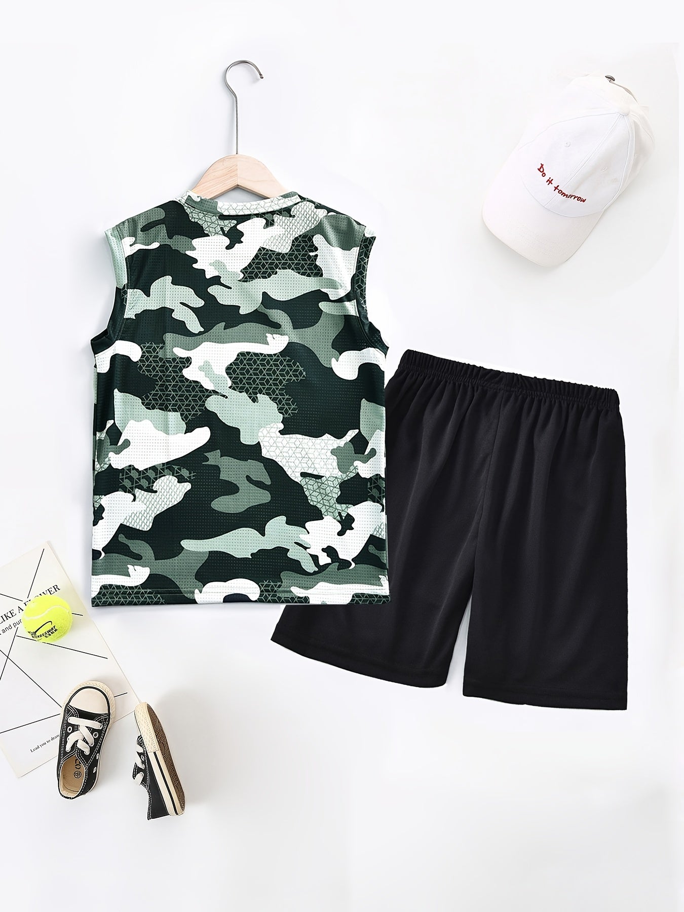 2pcs Camo Boys Sleeveless Tank Tops&Shorts Set Crew Neck Fitness Vest&Shorts