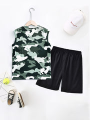 2pcs Camo Boys Sleeveless Tank Tops&Shorts Set Crew Neck Fitness Vest&Shorts