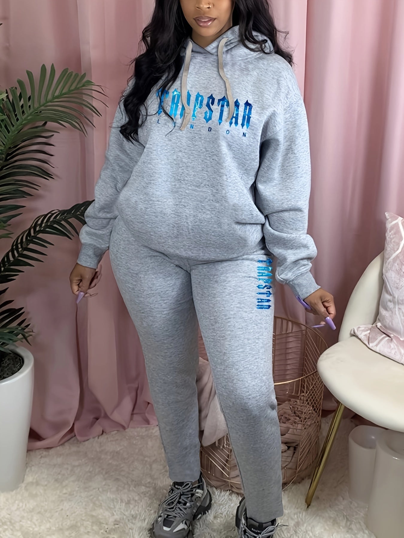 Ombre Letter Print Hoodie & Sweatpants Set