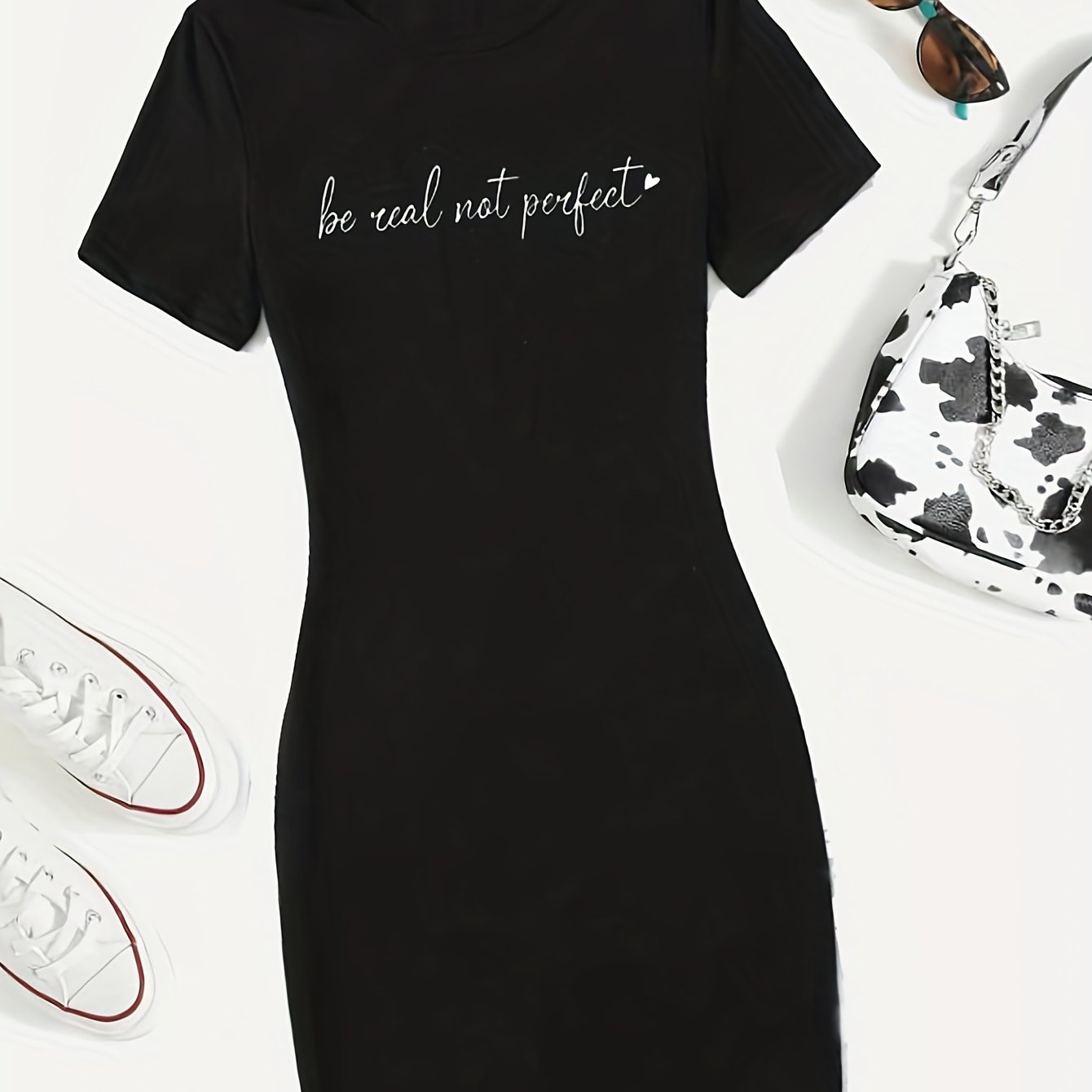 Real Print Tee Dress Short Sleeve Casual Dress Women's Clothing