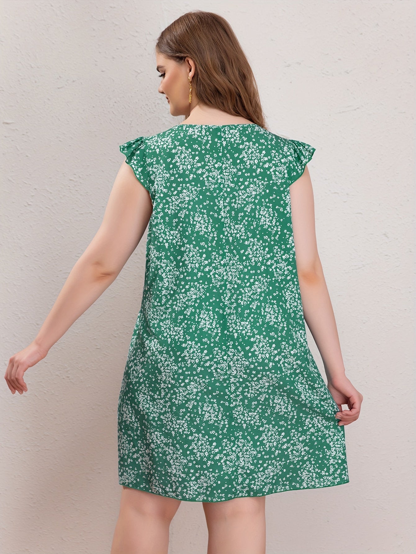 Casual Dress Women's Plus Ditsy Print Ruffle Sleeve V Neck Dress