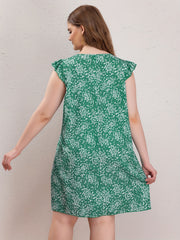 Casual Dress Women's Plus Ditsy Print Ruffle Sleeve V Neck Dress