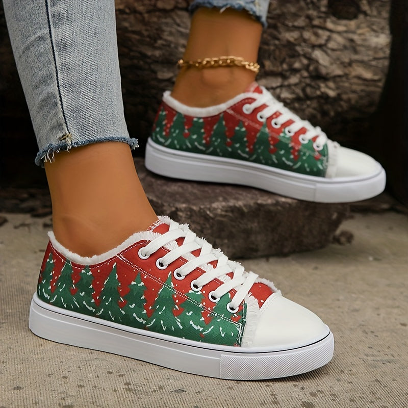 Colorblock Christmas Tree Lace-Up Flat Shoes for Women