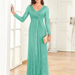 Sequins V Neck Evening Dress Long Sleeve Waist Guest Prom Cocktail Floor Length