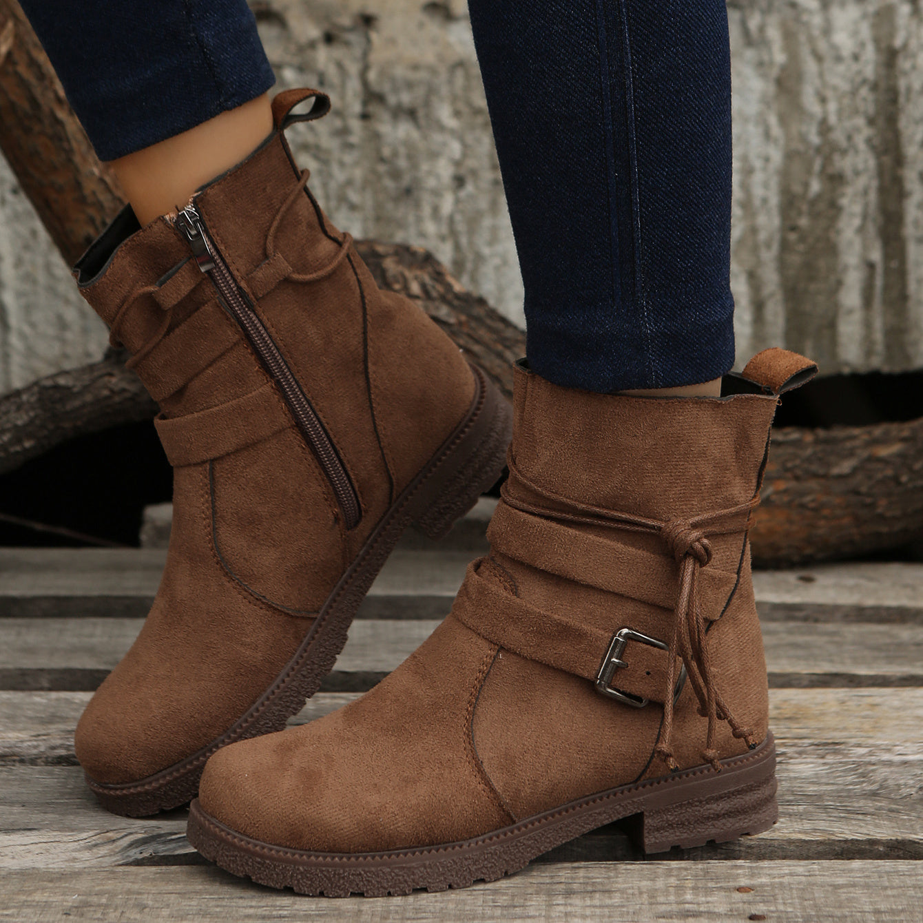 Women's Buckle Strap Decor Boots Lace Up Platform Boots
