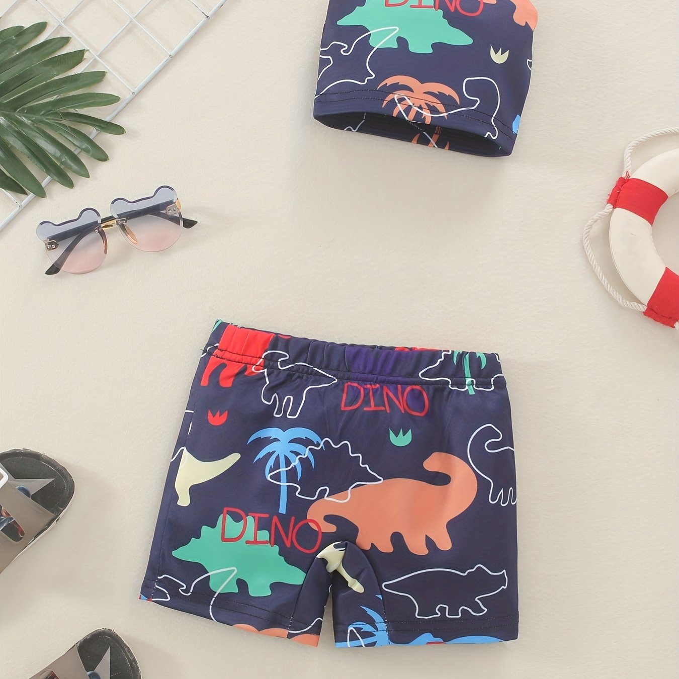 Boys Dinosaur Print Swim Trunks & Cap Set for Beach Vacation