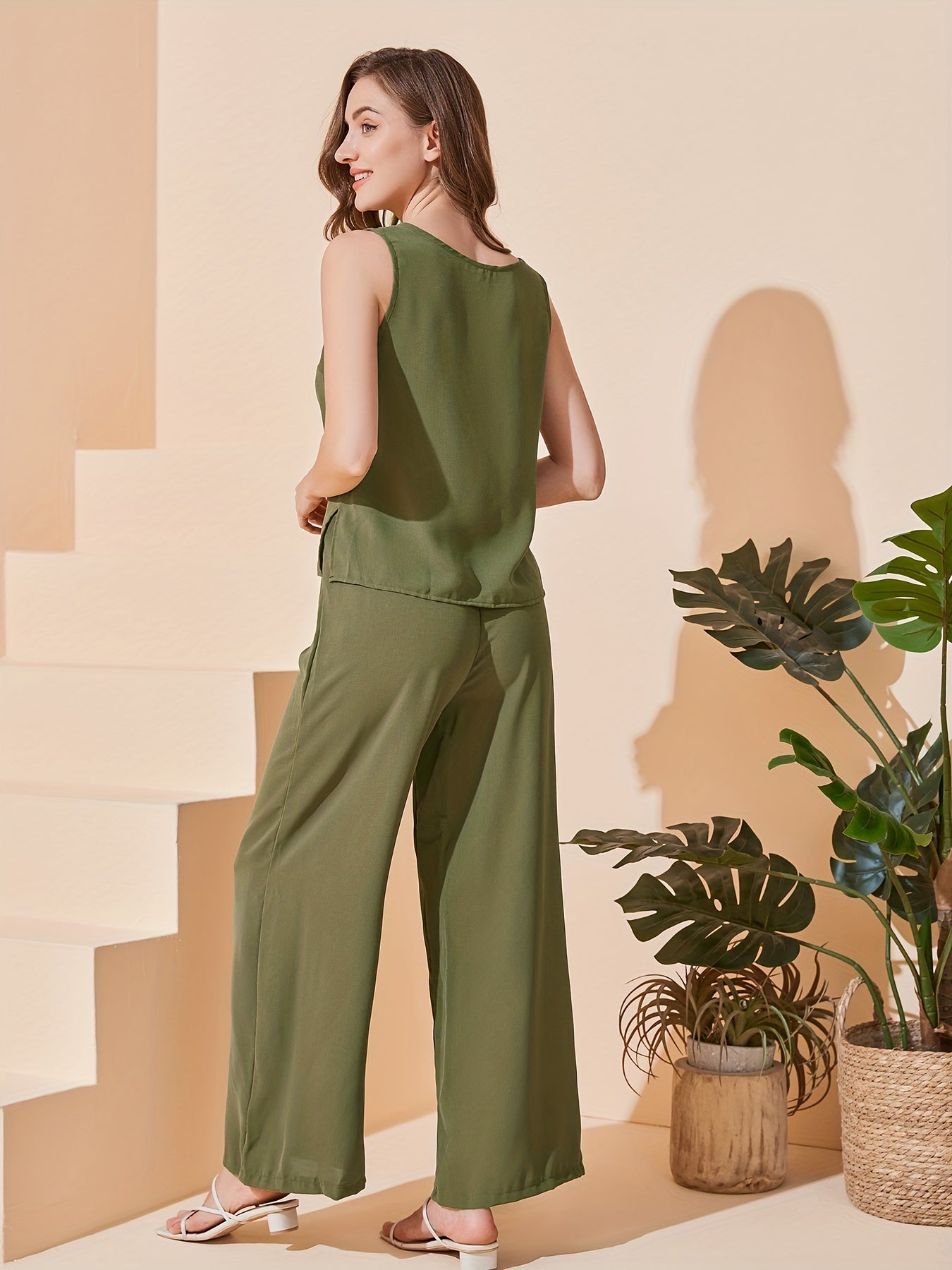 Casual Two-Piece Pants Set Side Split Tank Top & Wide Leg Pants
