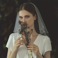 Double Layer Bridal Head Veil Comb Faux Pearl Wedding Hair Accessory