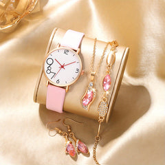 6pcs Fashionable Digital Leather Quartz Watch Set