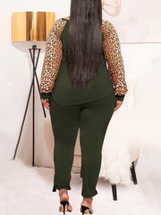 Leopard Print Pullover & Drawstring Pants Set Plus Size Long Sleeve Outfits
