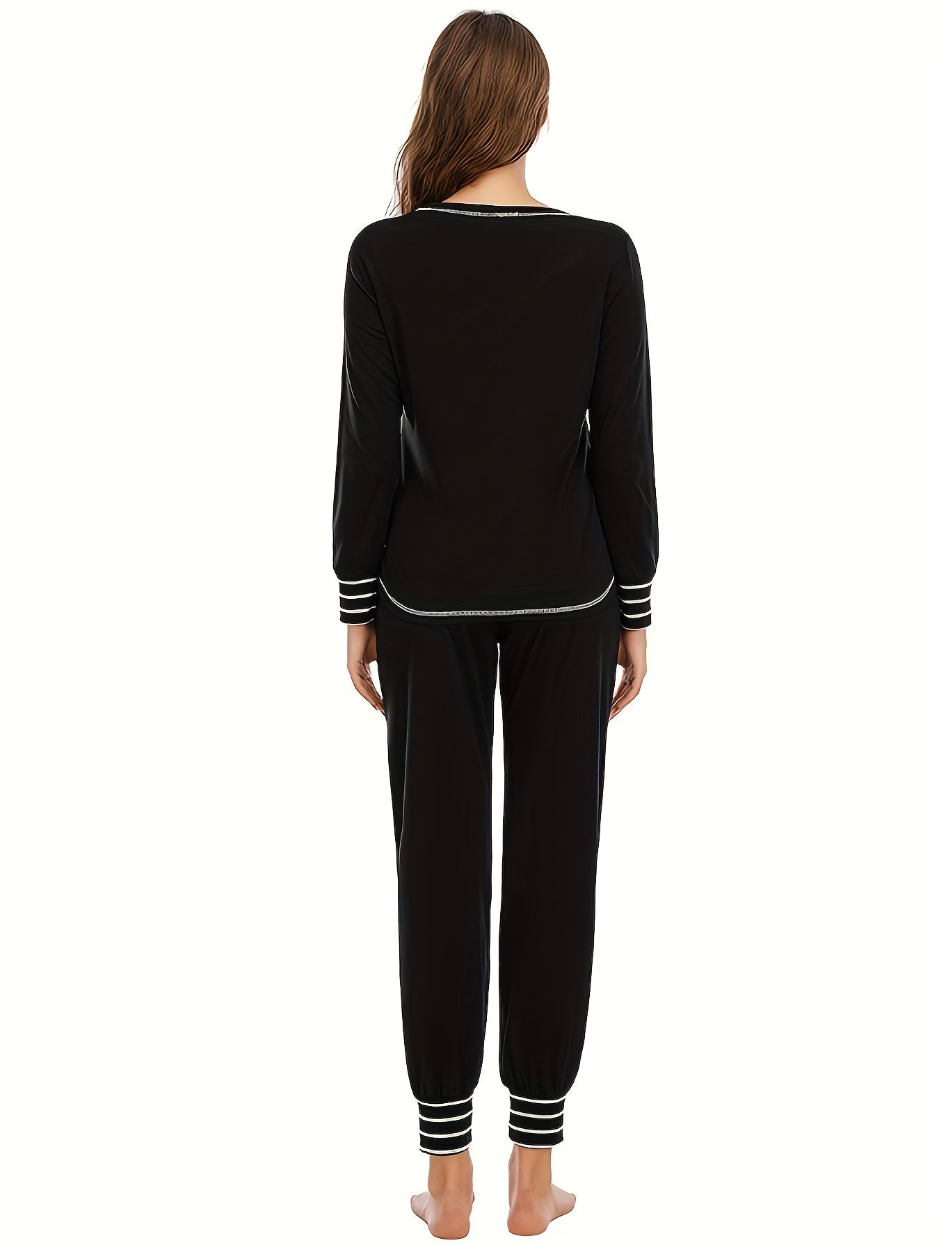 Striped Print Lounge Set Long Sleeve Crew Neck Top & Lace Up Pants