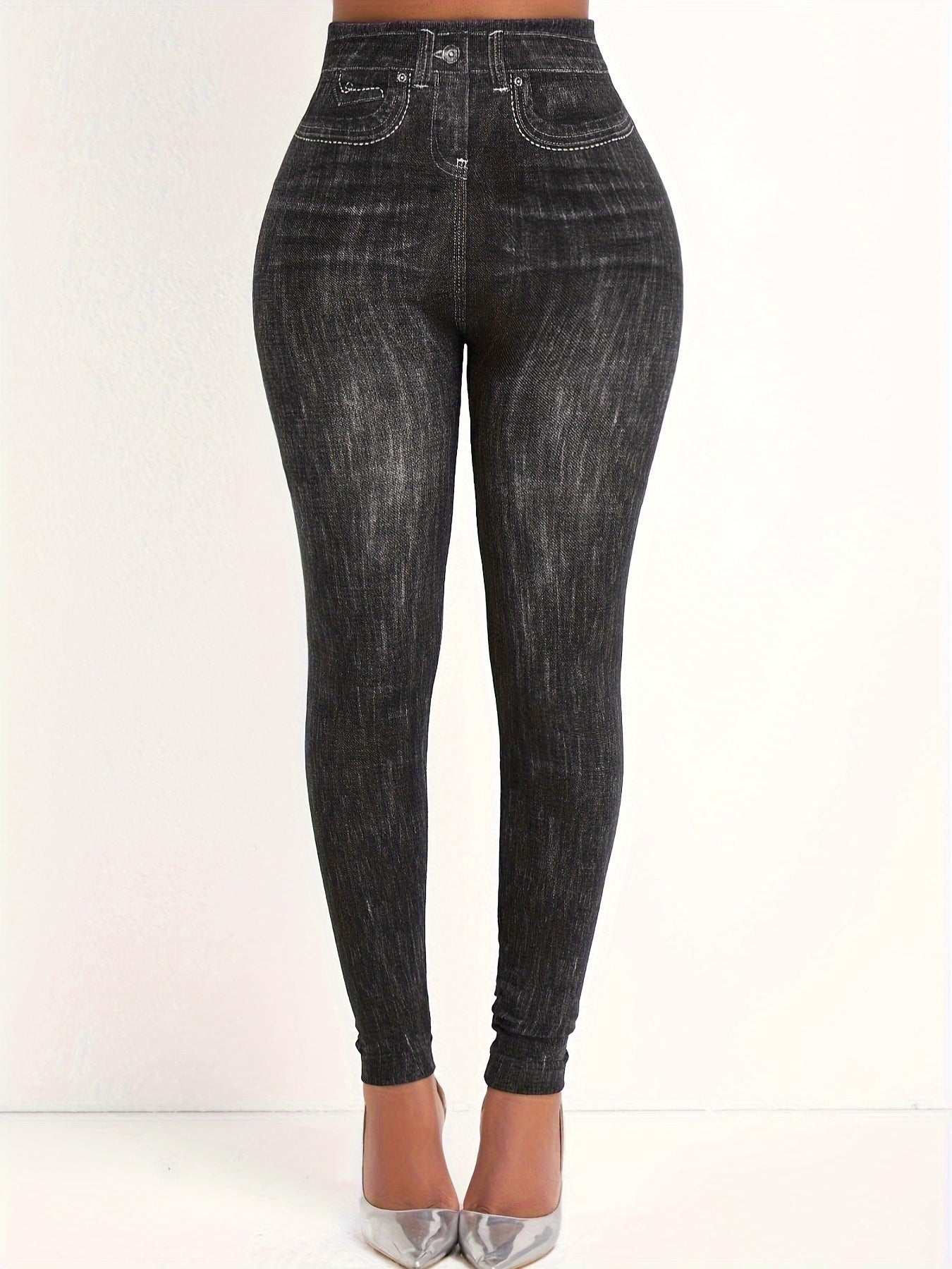 Distressed Denim Print High Rise Leggings Plus Size