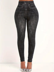 Distressed Denim Print High Rise Leggings Plus Size