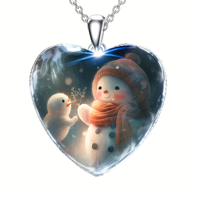 Winter Snowman Christmas Heart Pendant Necklace