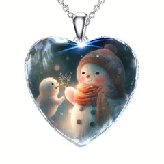 Winter Snowman Christmas Heart Pendant Necklace