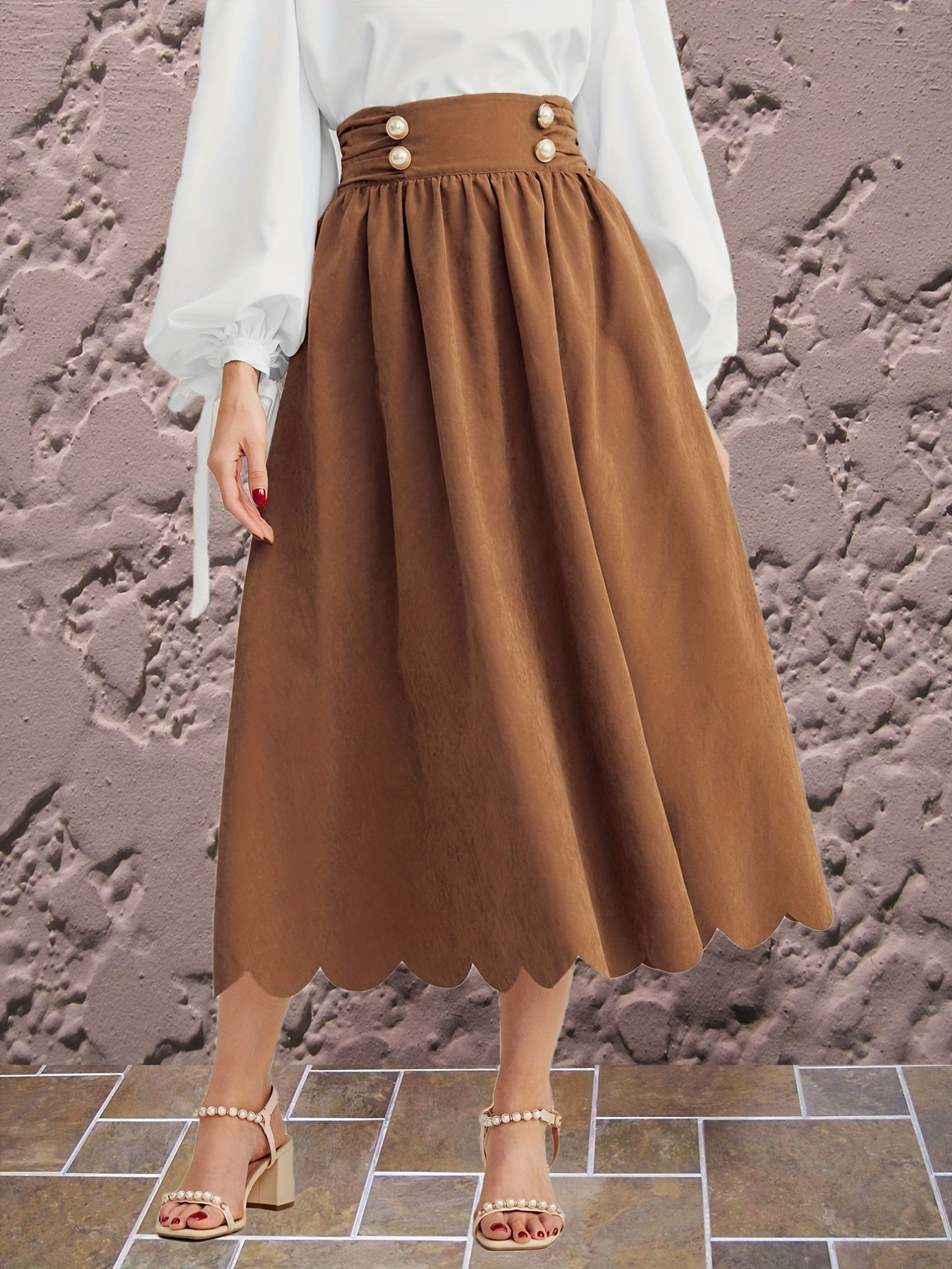 Pleated Scallop Trim Midi Skirt Vintage High Waist Skirt