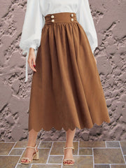Pleated Scallop Trim Midi Skirt Vintage High Waist Skirt