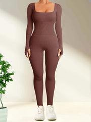 Long Sleeve Yoga Jumpsuit Solid Thumb Hole Sports Bodysuit