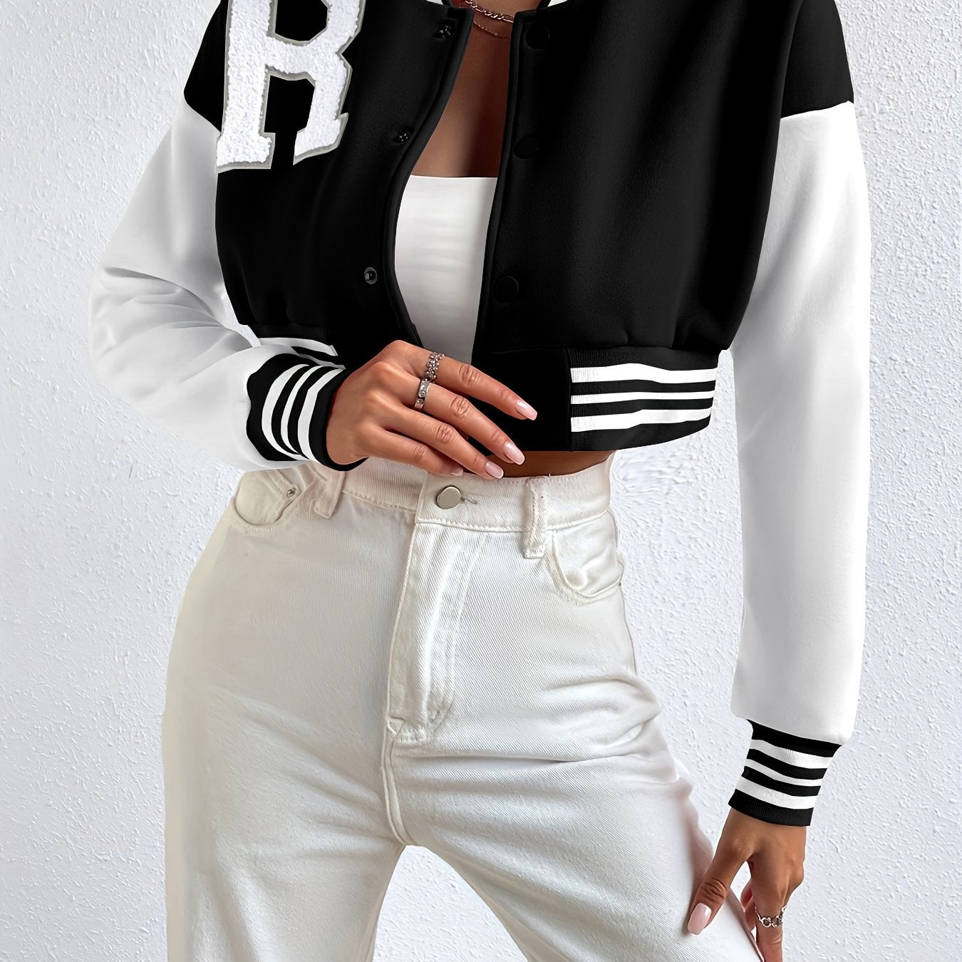 Preppy Cropped Baseball Neck Jacket Women's Clothing