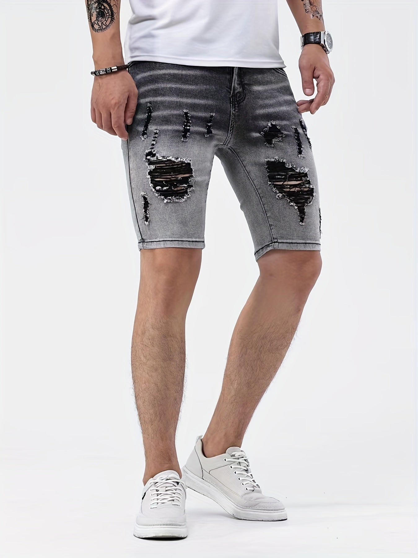Men's Slim Fit Ripped Denim Shorts - Casual Street Style Distressed Denim Shorts