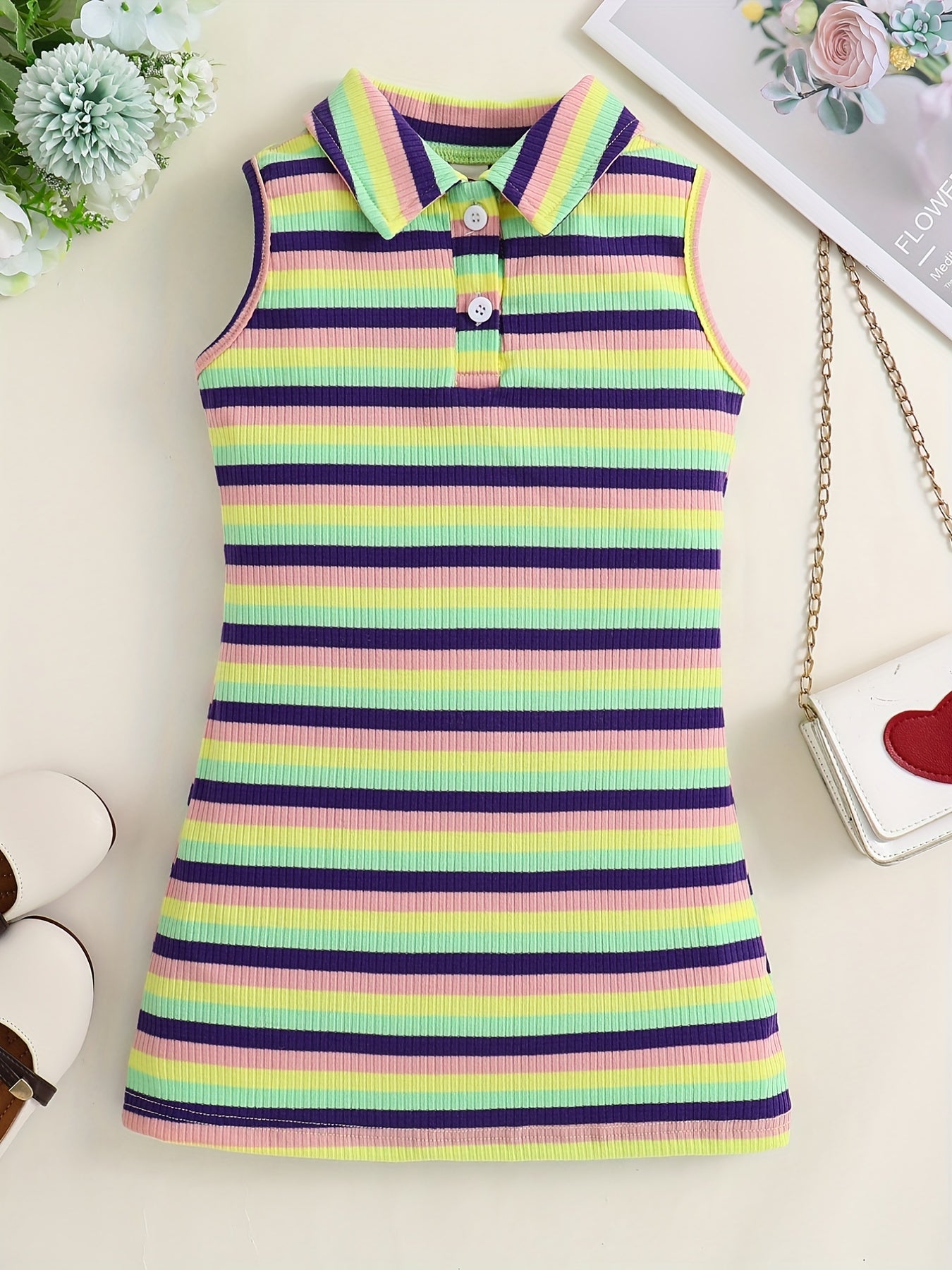 Rainbow Striped Ribbed Knit Polo Neck Dress for Toddler Girls