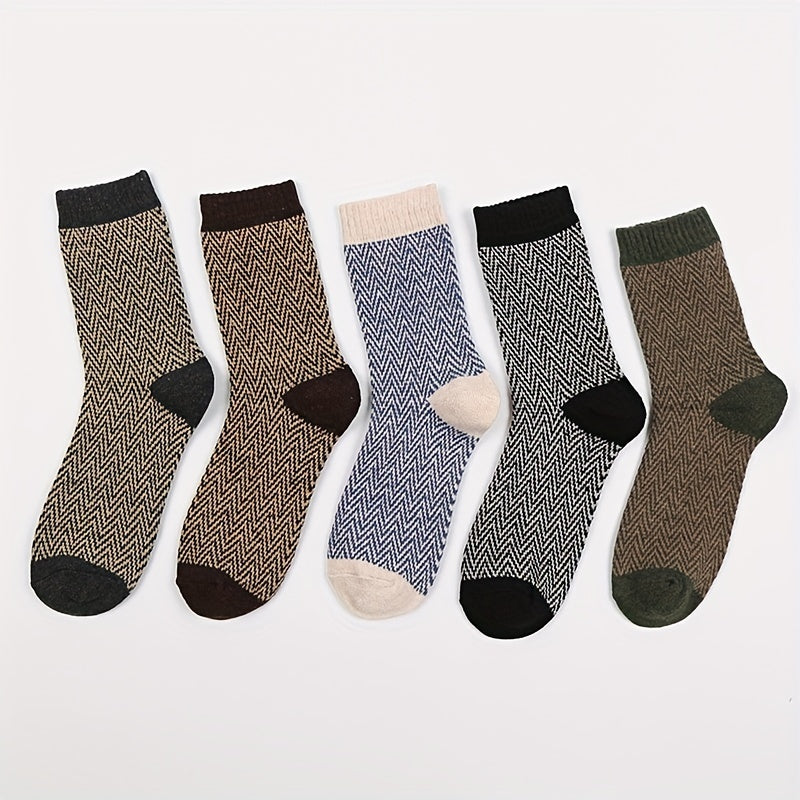 5 Pairs Men's Geometric Wave Pattern Socks Thick Warm Mid calf