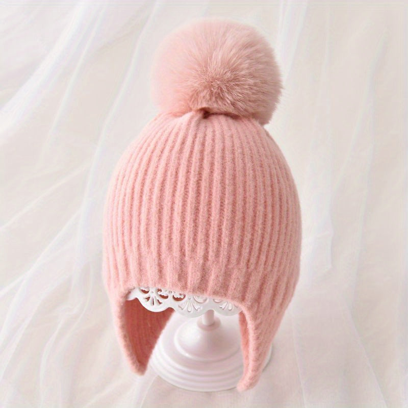 Children's Knitted Hat with Ear Protection and Fur Ball