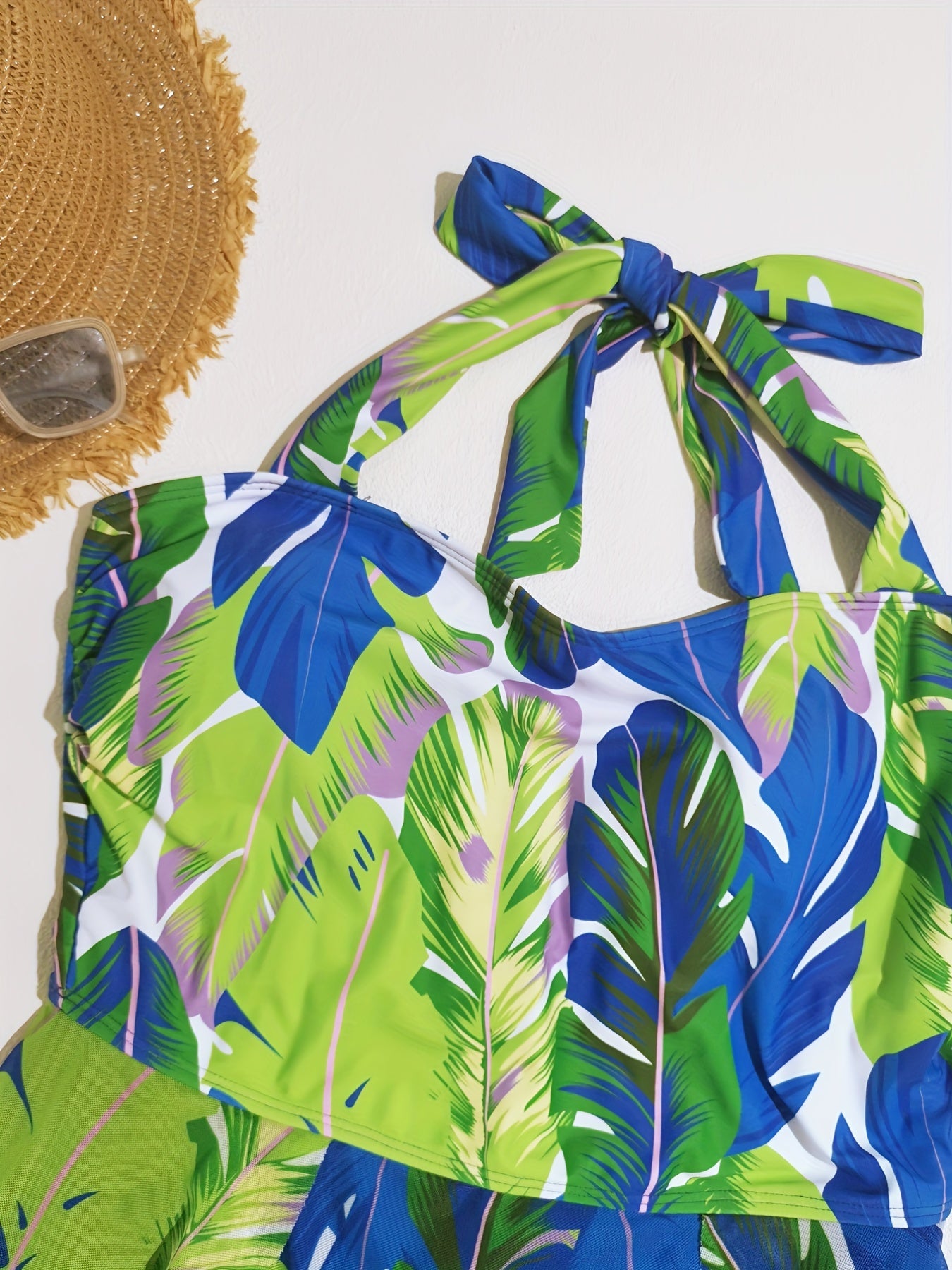 Tropical Print Cross Neck Backless One Piece Swimsuit