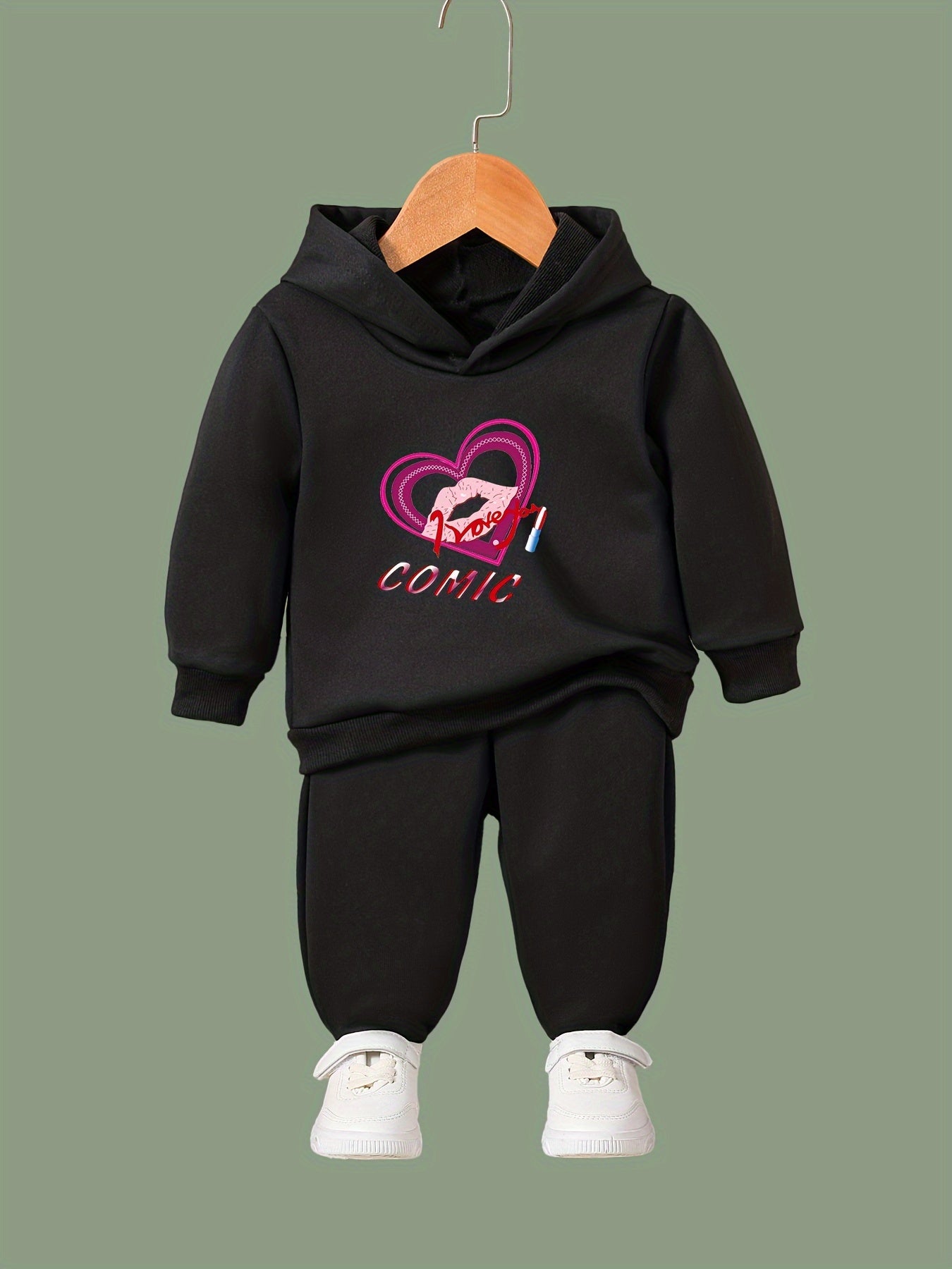 OERYUI Kids Heart Print Hooded Pullover Pants Set for Sports Spring Fall