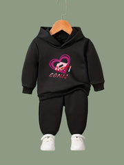 OERYUI Kids Heart Print Hooded Pullover Pants Set for Sports Spring Fall