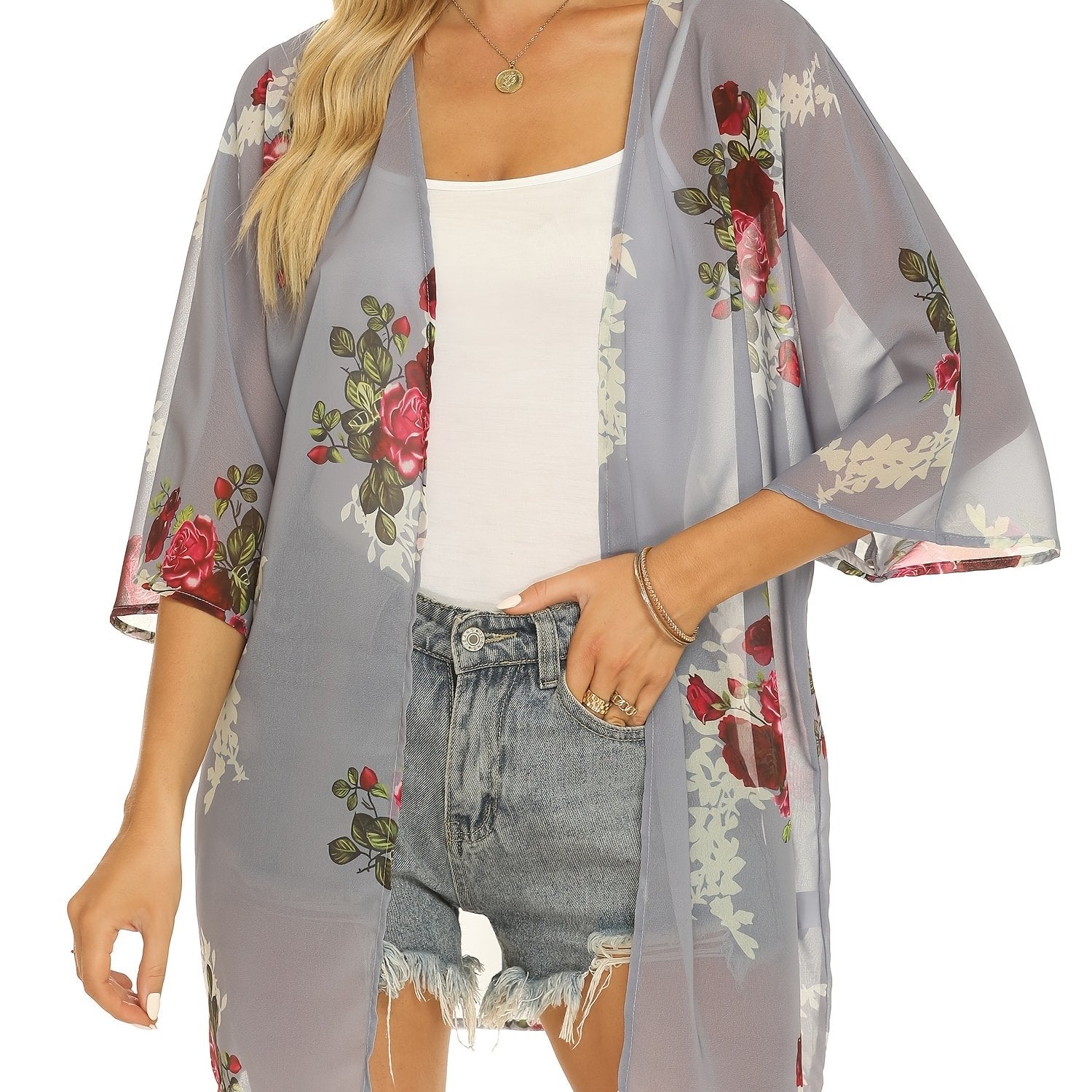 Floral Print Cover Up Tops Long Sleeve Rash Guard Semi Sheer Loose Fit